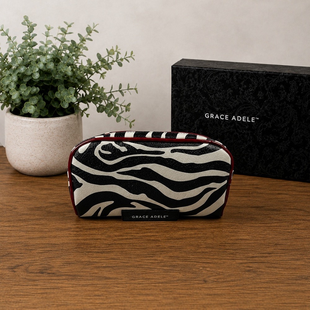 NWOT Grace Adele Zebra Print Cosmetic Bag Black White Red Faux Leather Case